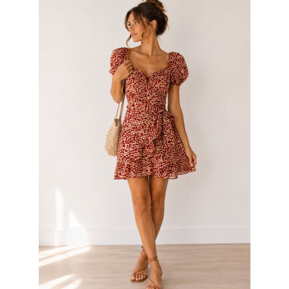 Majorelle Shiloh Red Leopard Print Mini Dress Womens XS Ruffled Coquette Belt